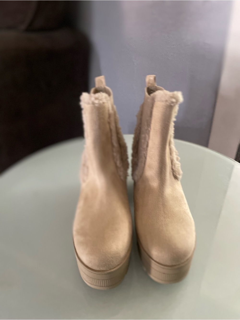 Nine West Taupe Suede Platform Chelsea Boots with Faux Shearling